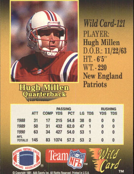 1991 Wild Card #121 Hugh Millen RC back image