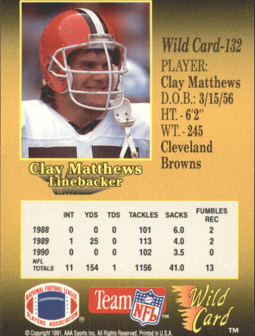 1991 Wild Card #132 Clay Matthews back image