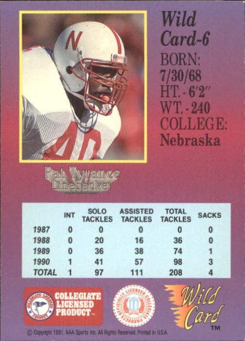 1991 Wild Card Draft #6 Pat Tyrance back image