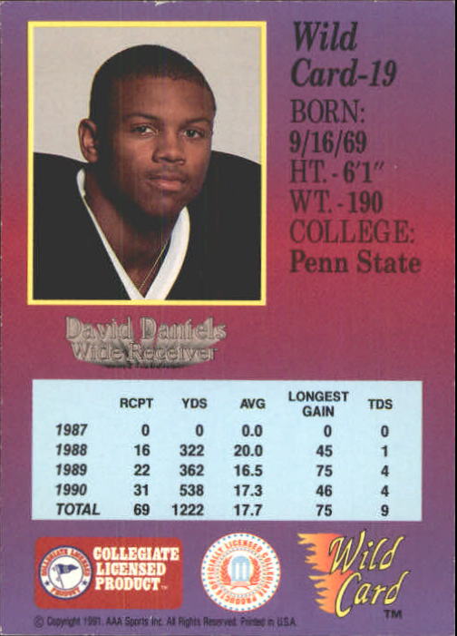 1991 Wild Card Draft #19 David Daniels back image
