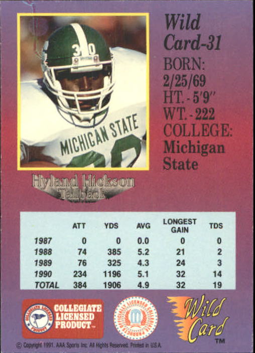 1991 Wild Card Draft #31 Hyland Hickson back image