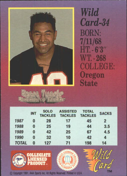 1991 Wild Card Draft #34 Esera Tuaolo back image