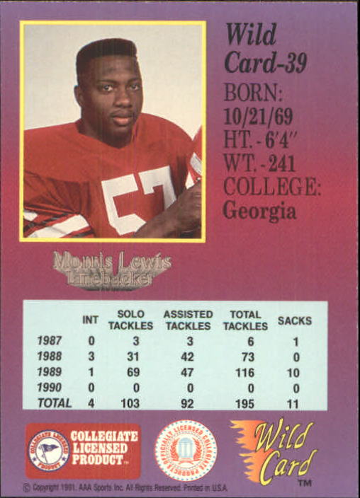 1991 Wild Card Draft #39 Mo Lewis back image
