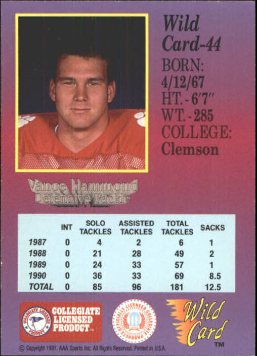 1991 Wild Card Draft #44 Vance Hammond back image