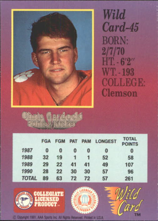 1991 Wild Card Draft #45 Chris Gardocki back image