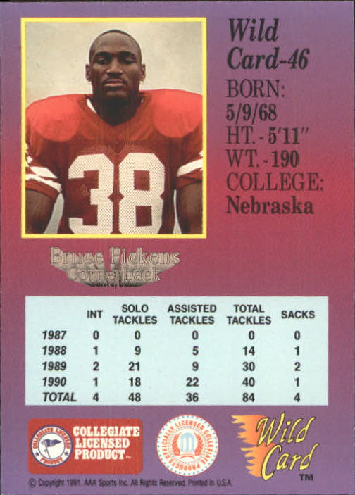 1991 Wild Card Draft #46 Bruce Pickens back image