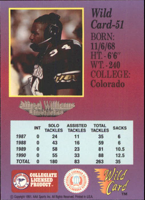 1991 Wild Card Draft #51 Alfred Williams back image