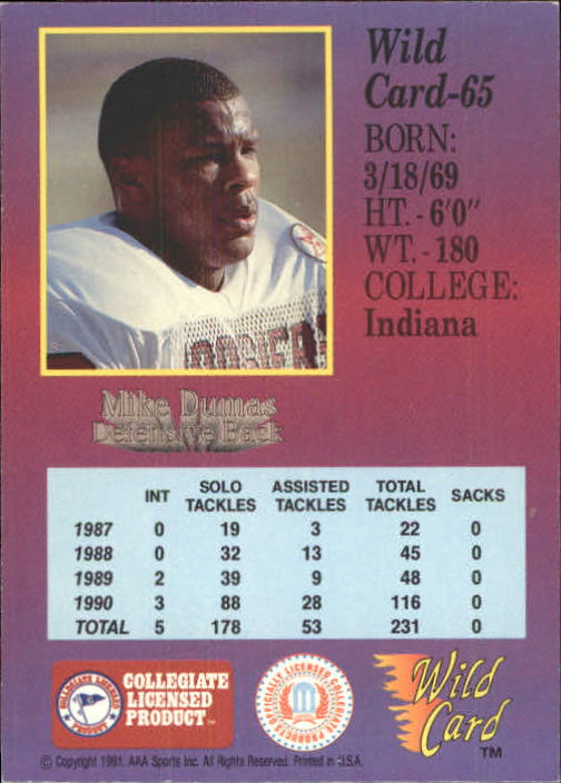 1991 Wild Card Draft #65 Mike Dumas back image