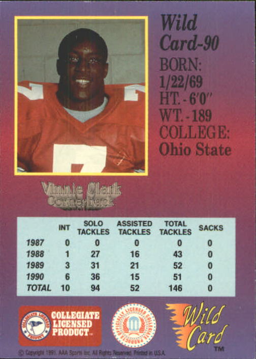 1991 Wild Card Draft #90 Vinnie Clark back image