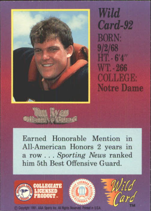 1991 Wild Card Draft #92 Tim Ryan back image