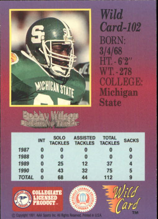 1991 Wild Card Draft #102 Bobby Wilson back image