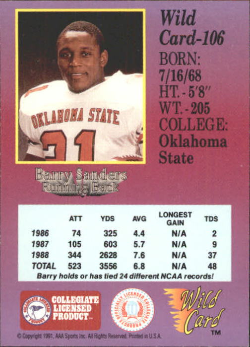 1991 Wild Card Draft #106 Barry Sanders back image