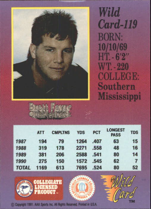 1991 Wild Card Draft #119 Brett Favre back image