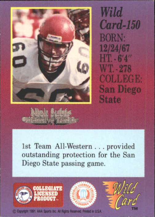 1991 Wild Card Draft #150 Nick Subis back image