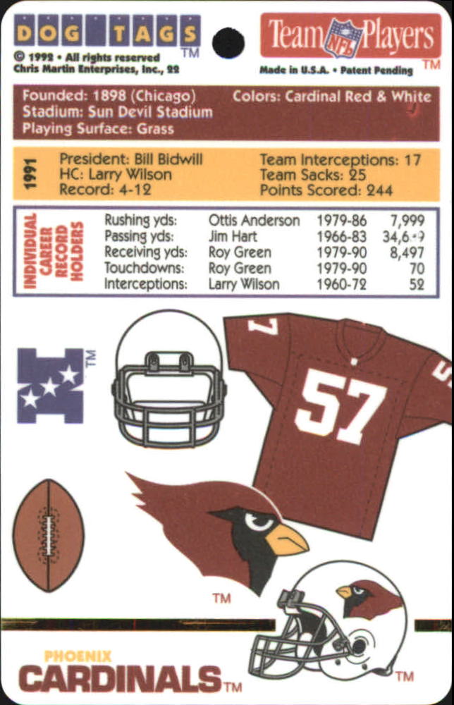 1992 Dog Tags #22 Phoenix Cardinals back image