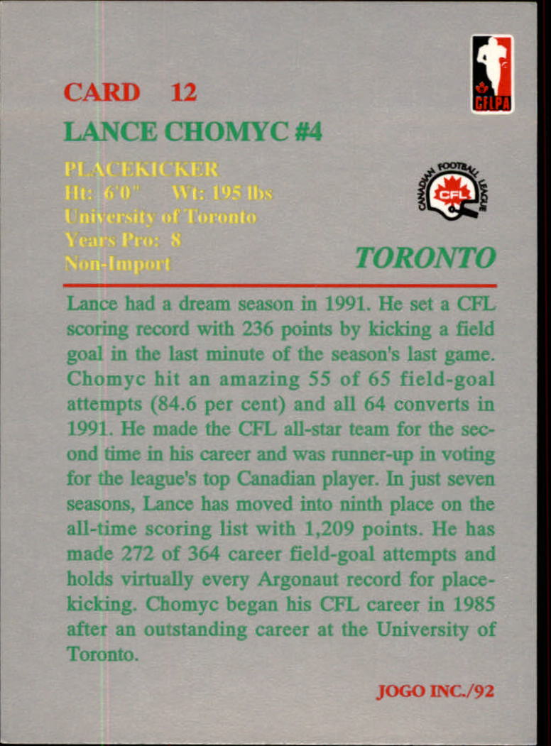 1992 JOGO #12 Lance Chomyc back image