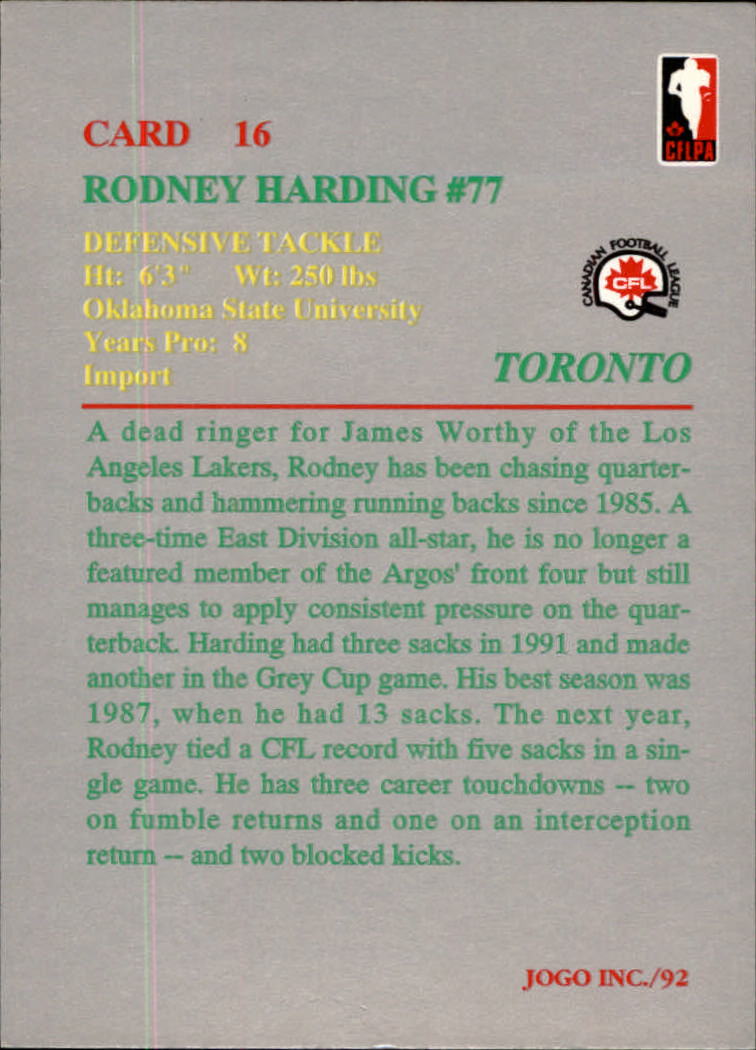 1992 JOGO #16 Rodney Harding back image
