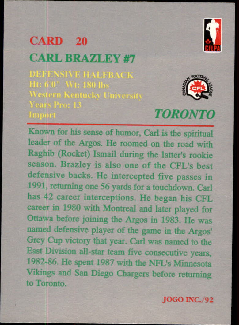 1992 JOGO #20 Carl Brazley back image