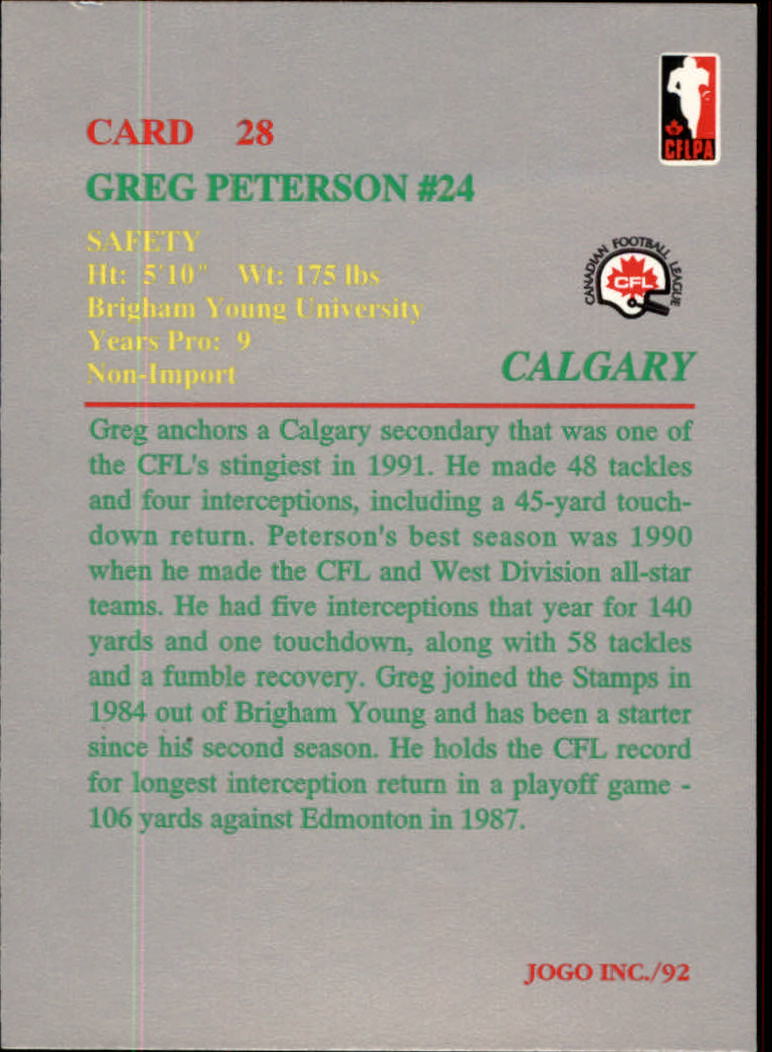 1992 JOGO #28 Greg Peterson back image