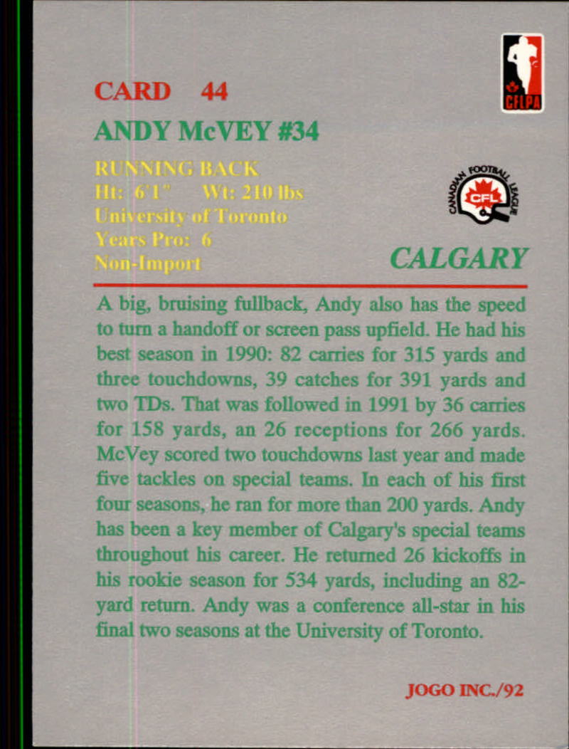1992 JOGO #44 Andy McVey back image