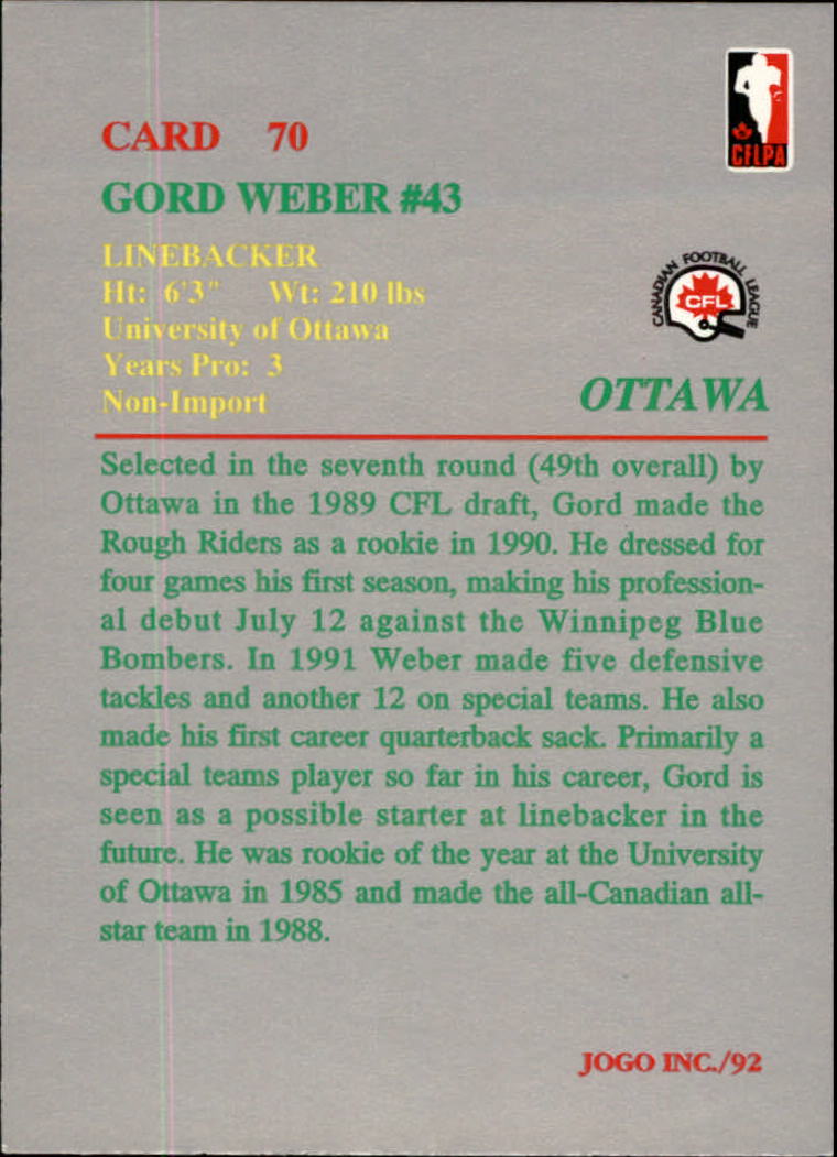 1992 JOGO #70 Gord Weber back image