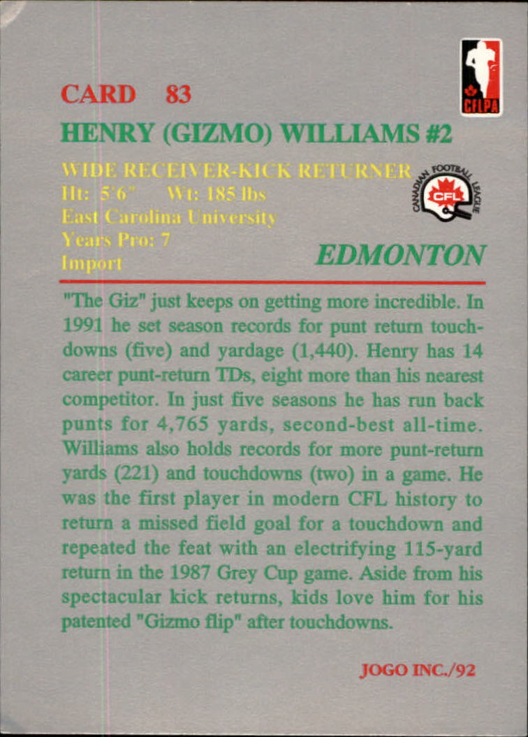 1992 JOGO #83 Gizmo Williams back image