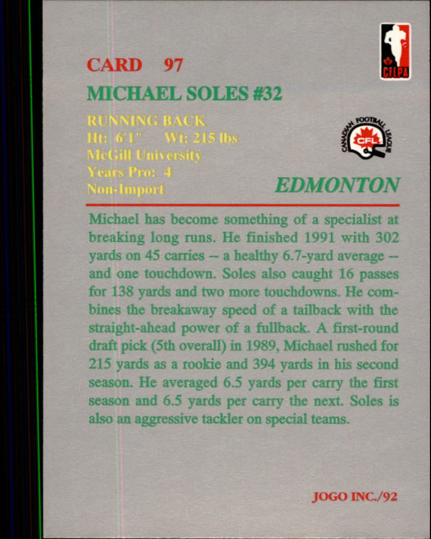 1992 JOGO #97 Michael Soles back image