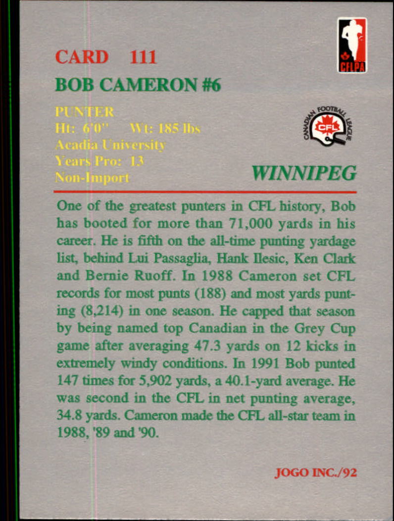 1992 JOGO #111 Bob Cameron back image