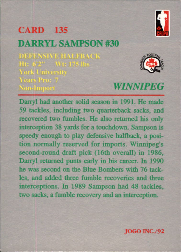 1992 JOGO #135 Darryl Sampson back image