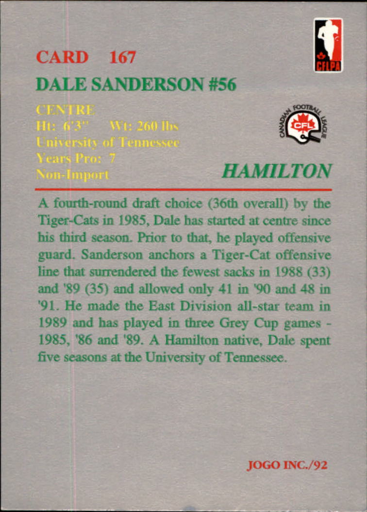 1992 JOGO #167 Dale Sanderson back image