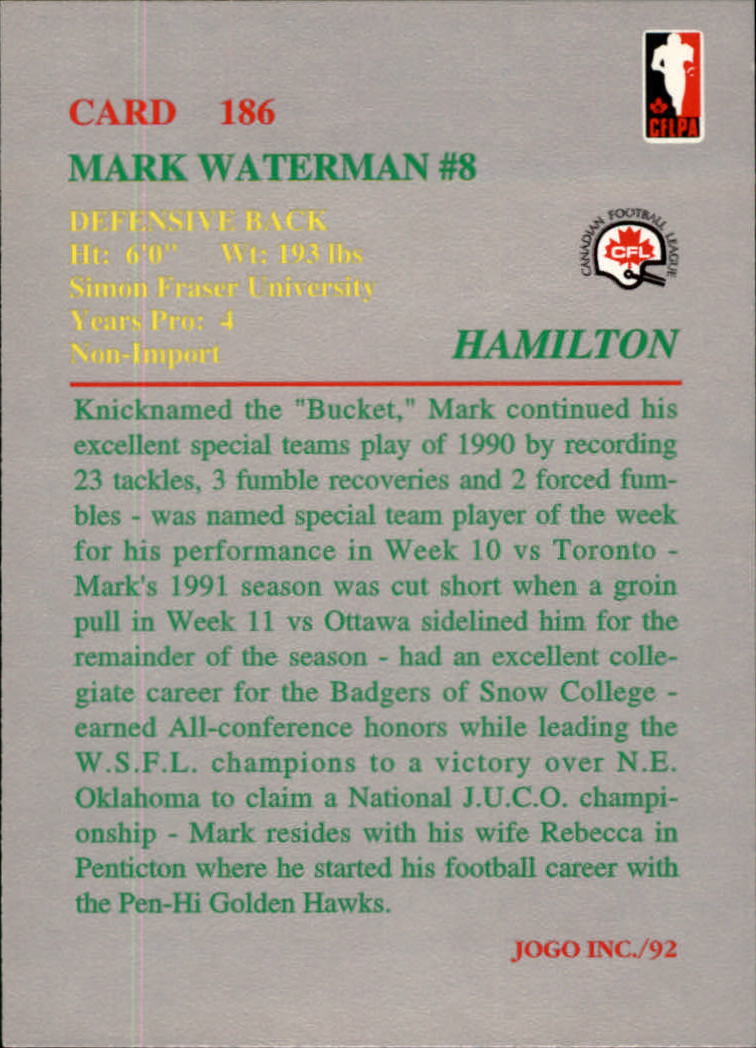 1992 JOGO #186 Mark Waterman back image