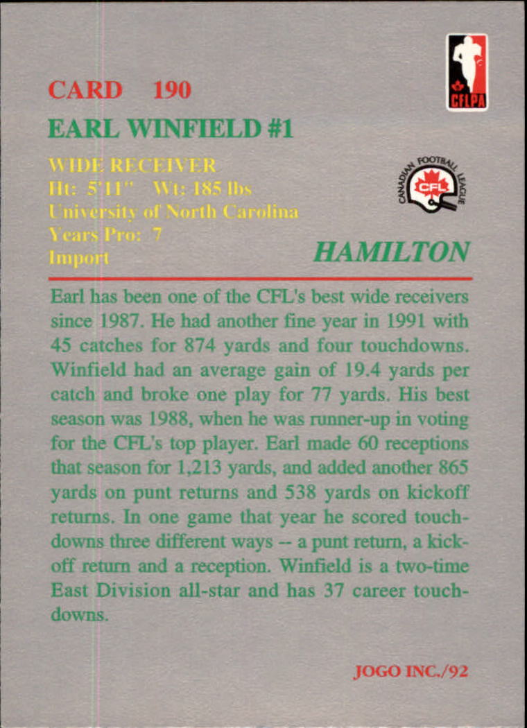 1992 JOGO #190 Earl Winfield back image