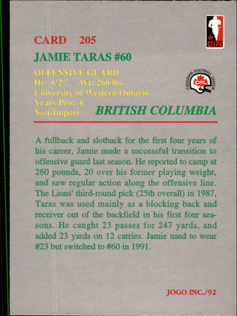 1992 JOGO #205 Jamie Taras back image
