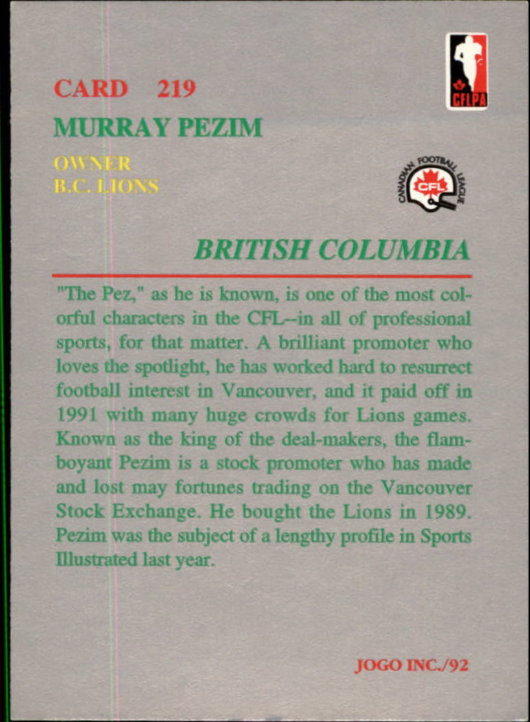 1992 JOGO #219 Murray Pezim back image