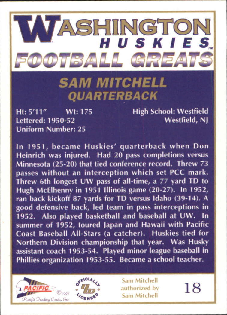 1992 Washington Greats Pacific #18 Sam Mitchell back image