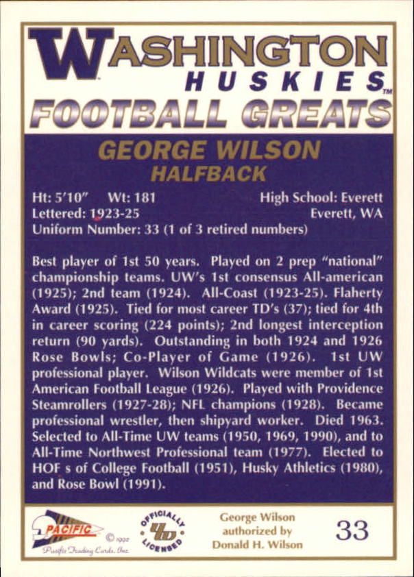 1992 Washington Greats Pacific #33 George Wilson RB back image
