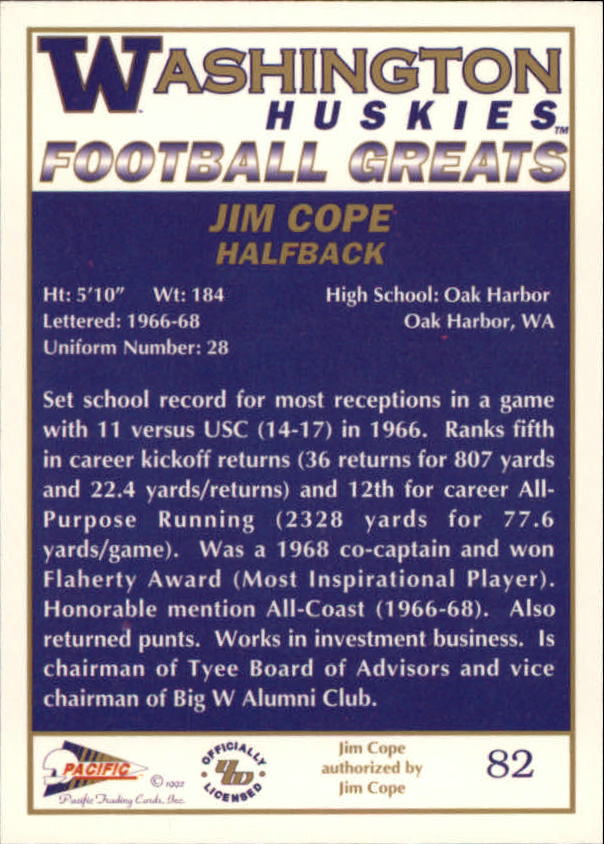 1992 Washington Greats Pacific #82 Jim Cope back image