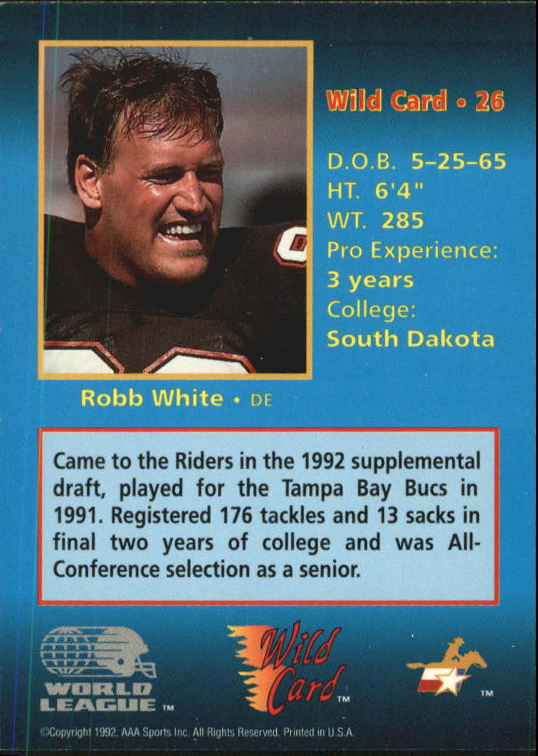 1992 Wild Card WLAF #26 Robb White back image