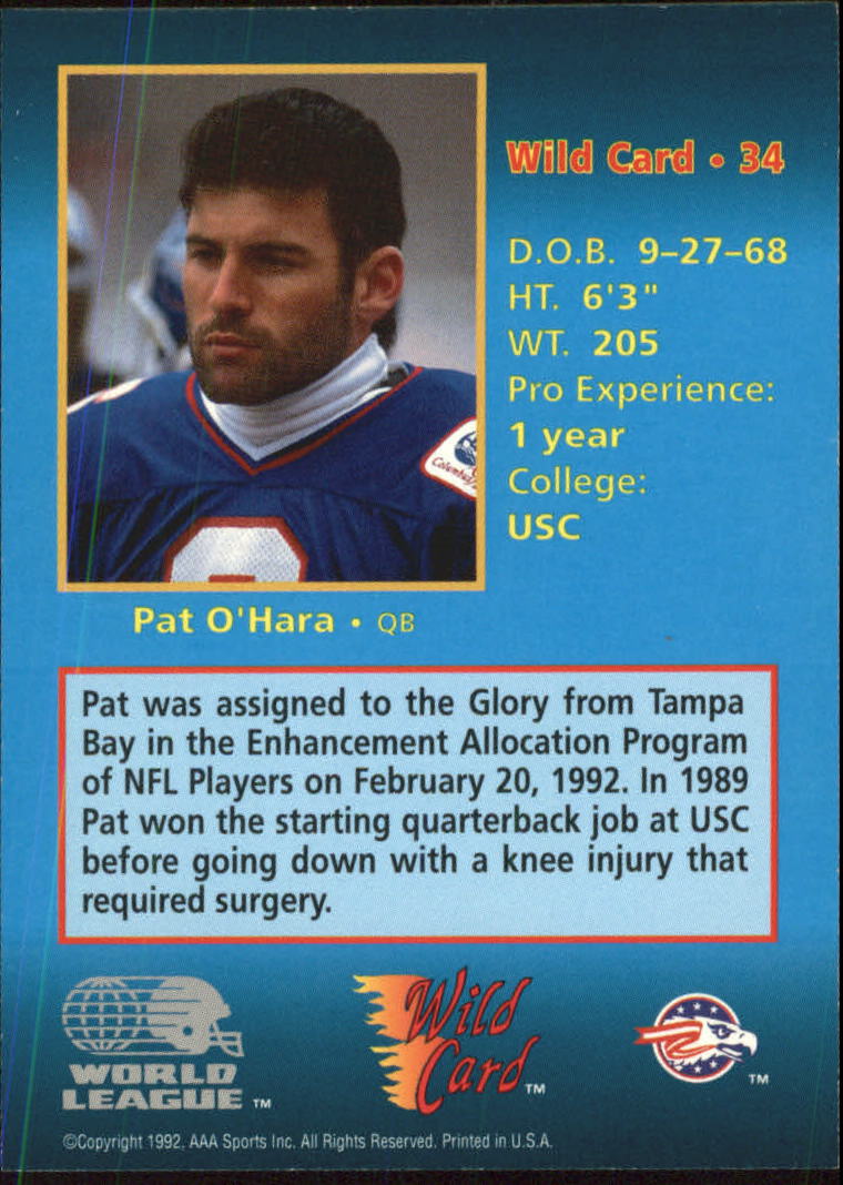 1992 Wild Card WLAF #34 Pat O'Hara back image