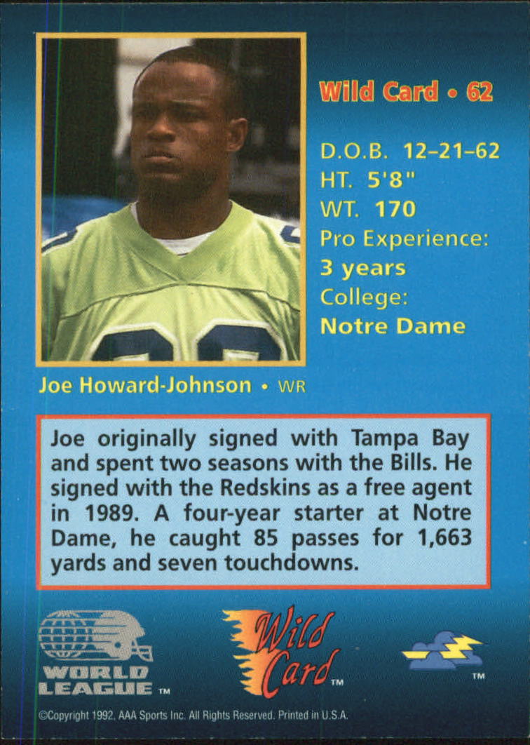 1992 Wild Card WLAF #62 Joe Howard-Johnson back image