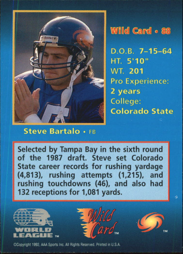 1992 Wild Card WLAF #88 Steve Bartalo back image
