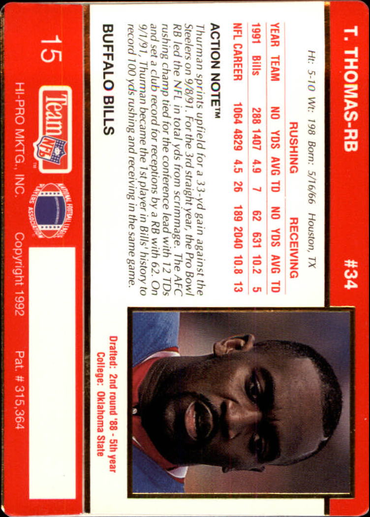 1992 Action Packed #15 Thurman Thomas back image