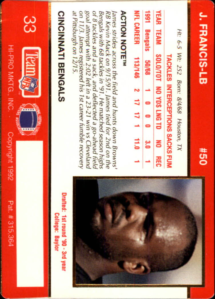 1992 Action Packed #33 James Francis back image