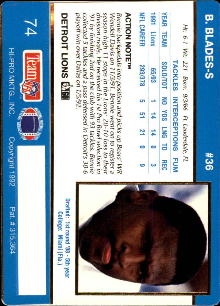 1992 Action Packed #74 Bennie Blades back image