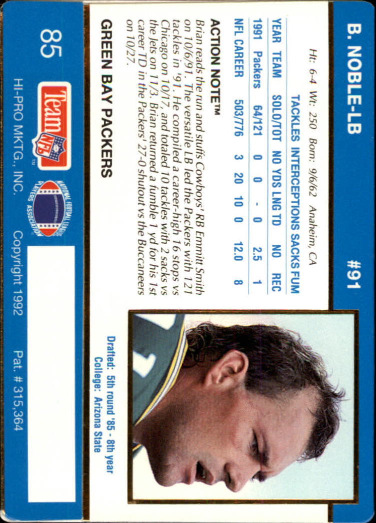 1992 Action Packed #85 Brian Noble back image