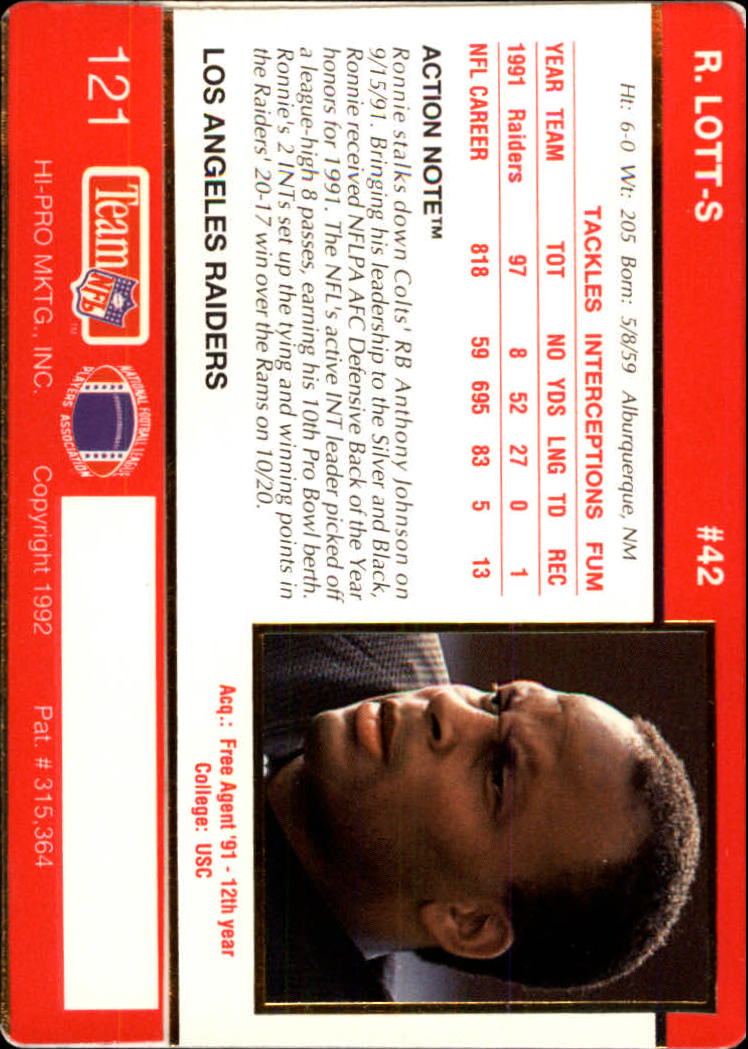 1992 Action Packed #121 Ronnie Lott back image