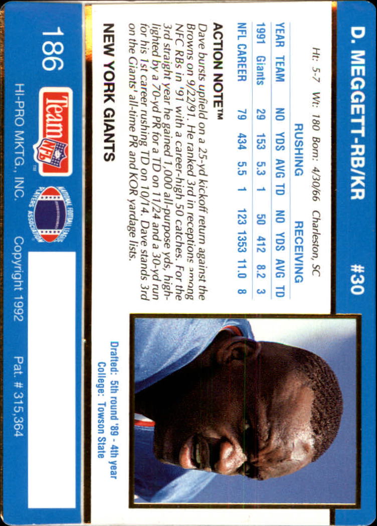 1992 Action Packed #186 Dave Meggett back image