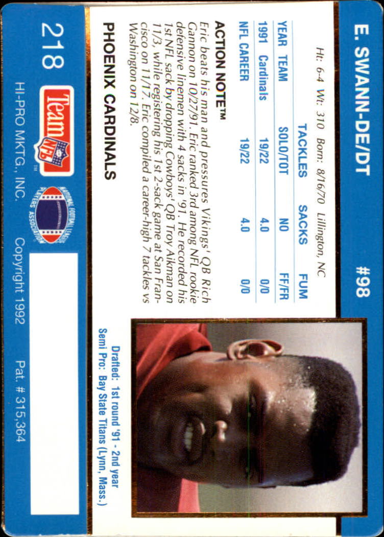 1992 Action Packed #218 Eric Swann back image