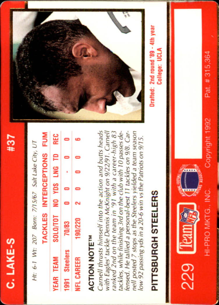 1992 Action Packed #229 Carnell Lake back image