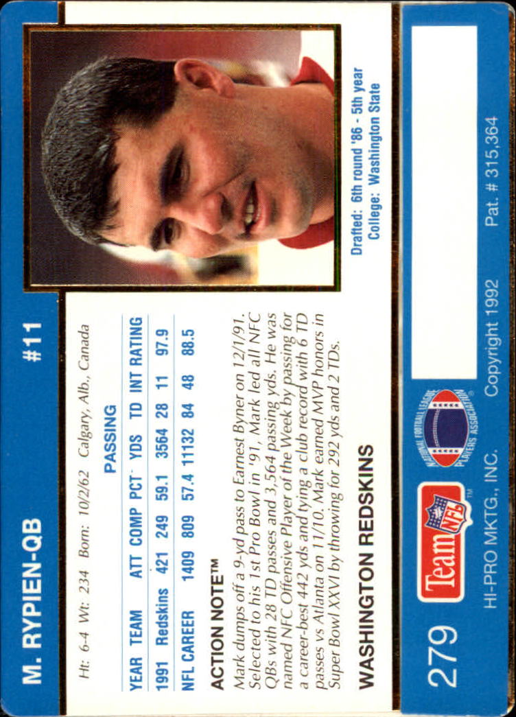 1992 Action Packed #279 Mark Rypien back image